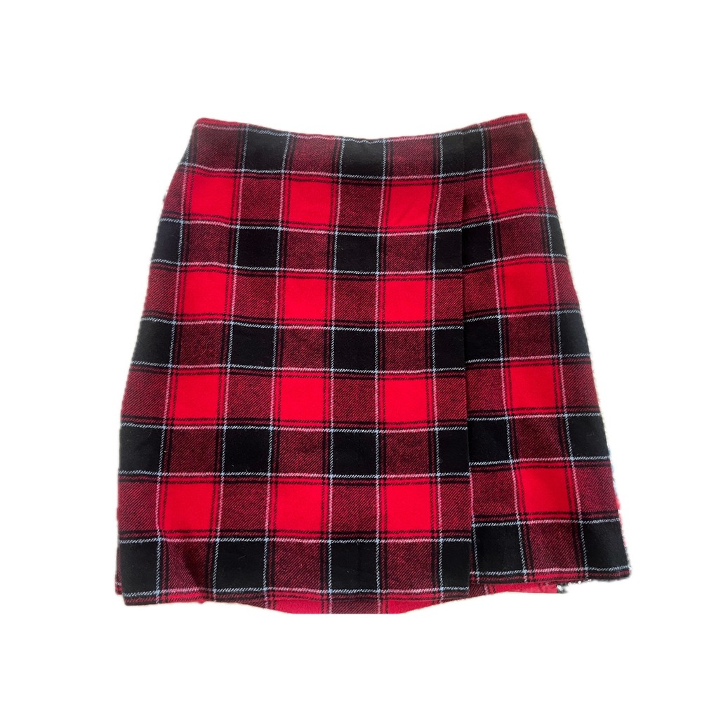 Red Black Buffalo Plaid Wool Blend Wrap Mini Skirt Sz 8 Preppy Fall Winter Chic